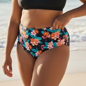 Cupshe Cynthia Floral High-Waisted Plus Size Bikini Bottom 1X NWT – Black Floral